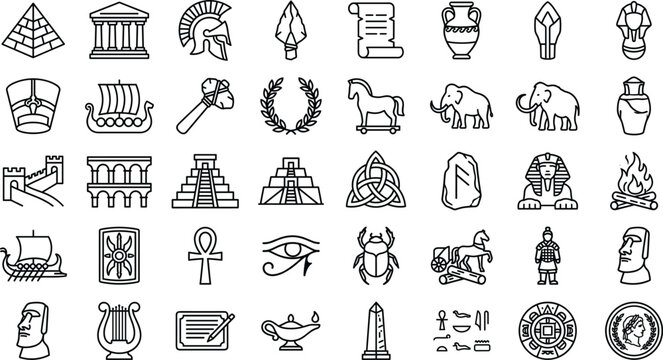 Ancient history line icon set featuring world monuments artifacts civilizations pyramid sphinx celtic knot and archaeological symbols vector