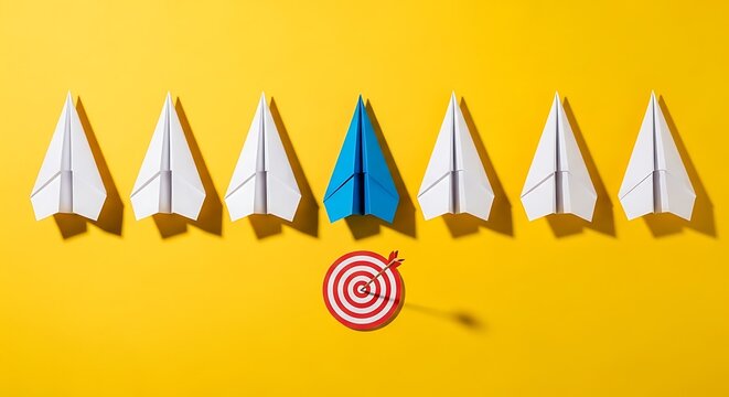 Array of paper airplanes, one blue, above a bullseye on yellow background