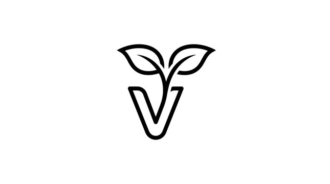 Minimalist letter V logo with two green leaves sprouting.