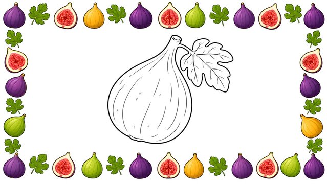 Cute fig coloring page with a large black and white fig in the center, surrounded by a colorful seamless border of whole figs, sliced figs, and fig leaves on a clean white background.
