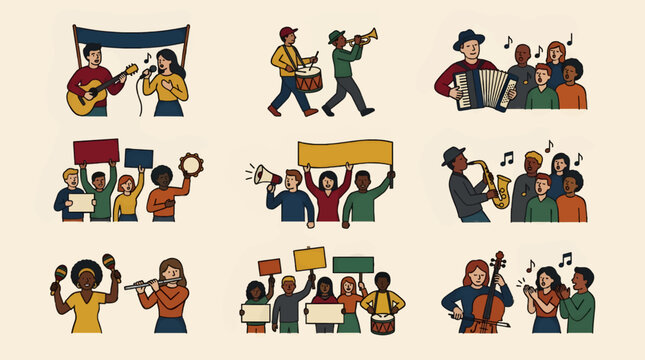 Diverse Group of People Protesting and Performing Music, Flat Illustration Style with Bold Outlines and Simple Colors, Featuring Musicians and Marchers with Signs and Instruments, Representing Social