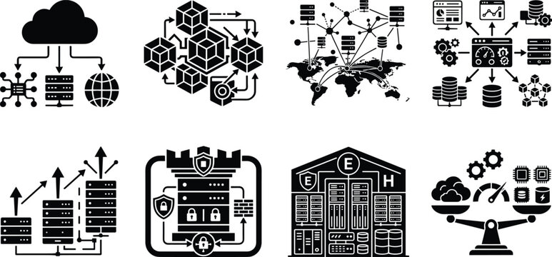 Cloud data center infrastructure network virtualization server load balancing and cyber security mainframes vector icon set
