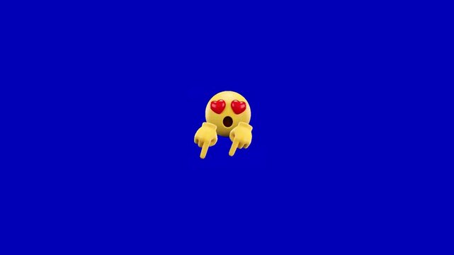 Three identical love struck emojis pointing downward against a solid vibrant blue background with positioned horizontally while pointing index fingers downward yellow emojis heart