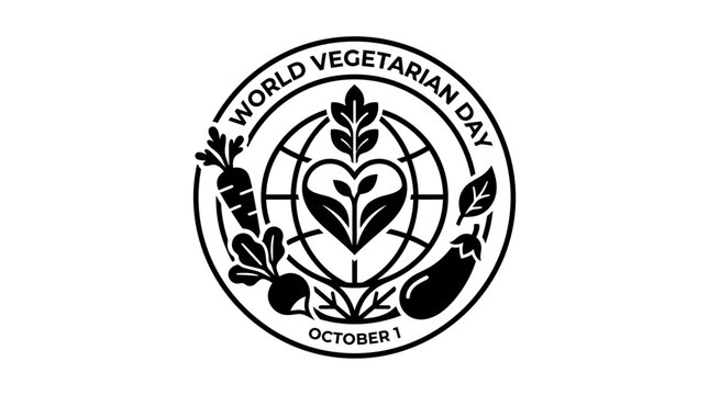 World Vegetarian Day October 1st logo with vegetables and globe.