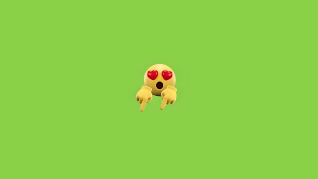 Animated yellow emoji character with heart eyes pointing fingers down on green screen background with video animated communication illustration expression animation happiness