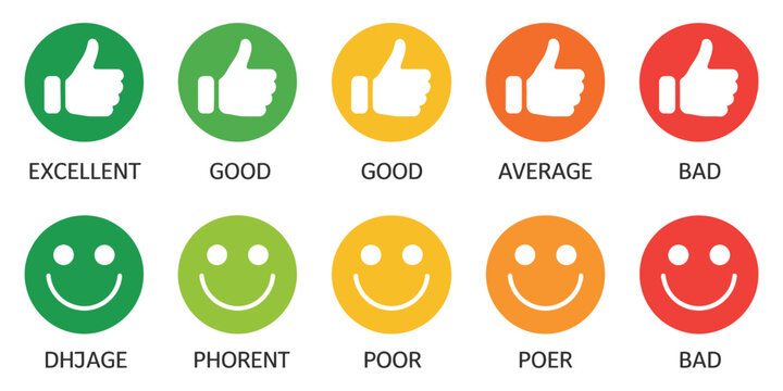 Five levels of feedback icons with thumbs up, thumbs down, and smiley faces for rating, review, satisfaction, and user experience design.