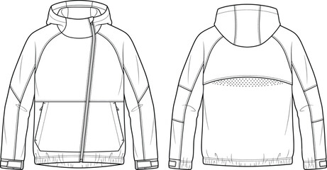 Hooded technical jacket fashion flat sketch asymmetrical zipper windbreaker outerwear design template front and back view vector illustration © Dannjay
