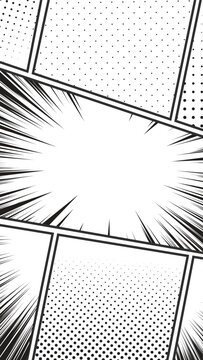 Manga comic book vertical page template with speed lines. Blank story panels set with halftone dot patterns and radial action lines. Black and white pop art style background grid.
