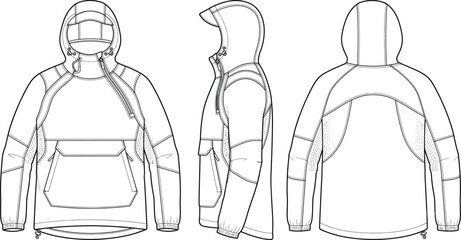 Technical asymmetrical half zip hooded anorak jacket fashion flat sketch kangaroo pocket template multi view vector illustration © Dannjay