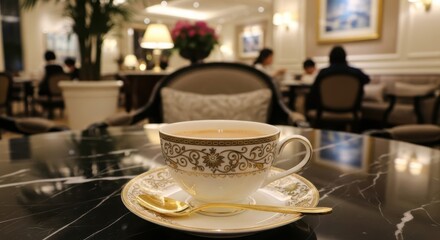 Fototapeta premium Elegant Porcelain Teacup with Gold Accents on Saucer