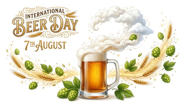 Colorful International Beer Day illustration with a mug, hops, and wheat stalks on a cloudy background.