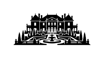 Fototapeta premium Luxury Mansion Estate Silhouette with Formal Garden and Fountain