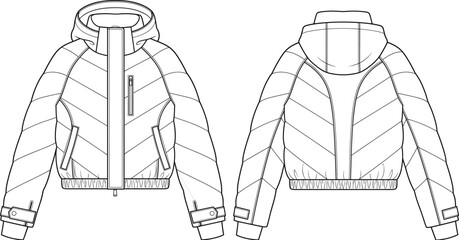 Women quilted puffer jacket fashion technical flat sketch template vector winter outerwear design front back view © Dannjay