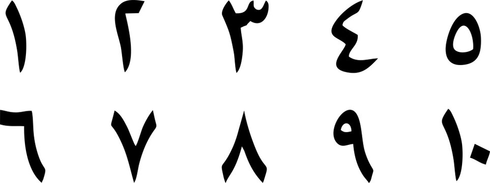Arabic numerals from one to ten displayed in two rows on a white background, showcasing traditional Eastern Arabic script for counting.