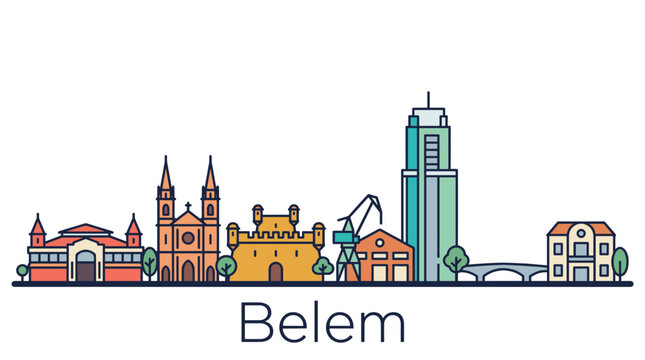 Bel&eacute;m Brazil city skyline with landmarks flat line art vector illustration