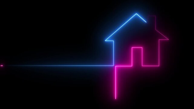 Glowing neon home icon animation. house building Glowing Neon Home Icon property apartment animated. illuminated on dark background.