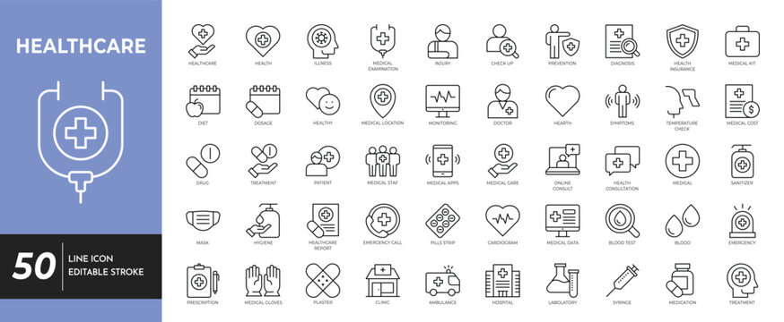 Healthcare icon set. Containing healthcare, medical, treatment, prevention, health, diagnosis, and more. Vector illustration