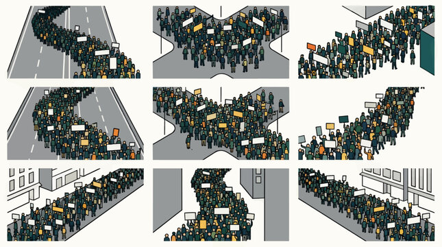 Vector Protest March Icon Sheet, Aerial Top-Down View of Diverse Crowd Demonstrating with Signs and Flags, Graphic Resource for Social Activism and Public Assembly Concepts, Flat Design Style