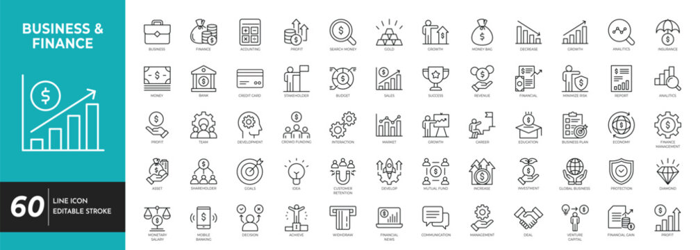 Business and finance icon set. Containing Business, Finance, Money, bank, management, strategy, and more. vector illustration
