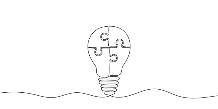 Continuous one line drawing of electric light bulb made of puzzle pieces. One line light bulb and jigsaw puzzle. Concept of creative business idea emergence. Vector.