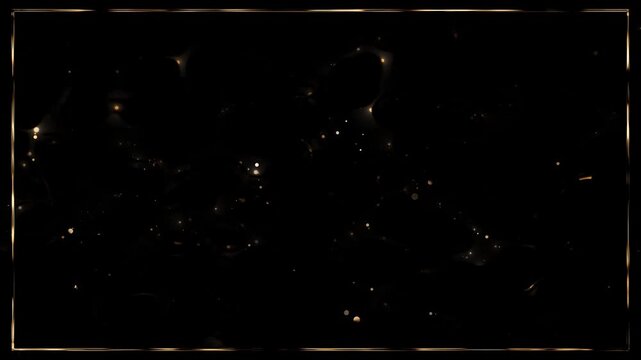 Black and gold luxury frame background glowing border, scattered particles, elegant center space. for award , premium titles, wedding invites, gala intros, product reveals, refined motion overlays.