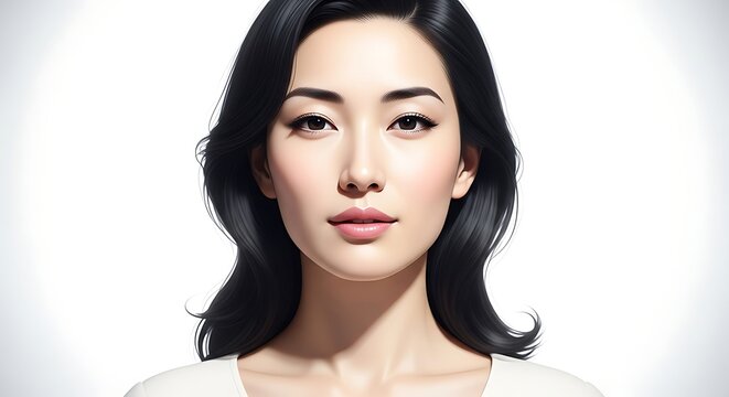 A woman with long dark hair and a neutral expression on a white background