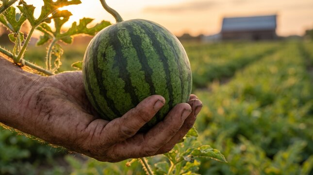 Hand Holding Fresh Watermelon In Farm Field