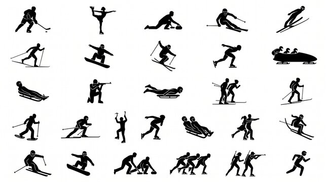 A premium winter sports and Olympic activities icon collection featuring 30 modern minimalist vector silhouette illustrations arranged in a clean 5&times;6 grid on a pure white background. The collection sh