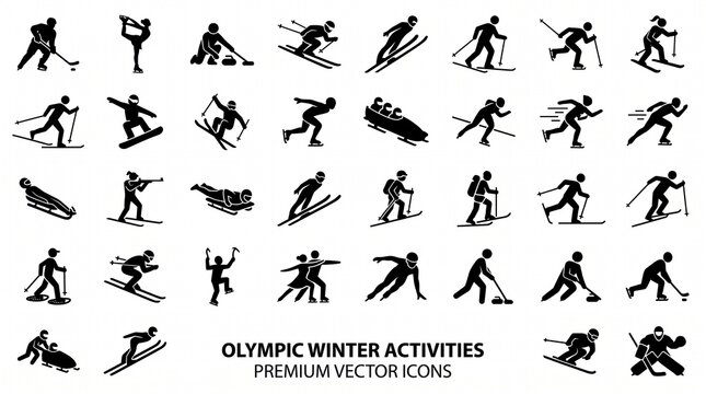 A premium winter sports and Olympic activities icon collection featuring 30 modern minimalist vector silhouette illustrations arranged in a clean 5&times;6 grid on a pure white background. The collection sh