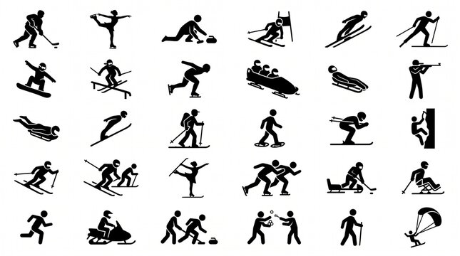 A premium winter sports and Olympic activities icon collection featuring 30 modern minimalist vector silhouette illustrations arranged in a clean 5&times;6 grid on a pure white background. The collection sh