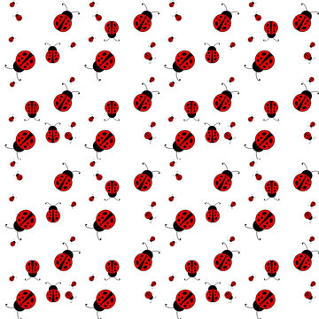 Seamless pattern of cute red ladybugs on a white background, vector illustration
