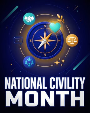 National Civility Month design featuring a navigational compass symbol with social icons on dark blue background