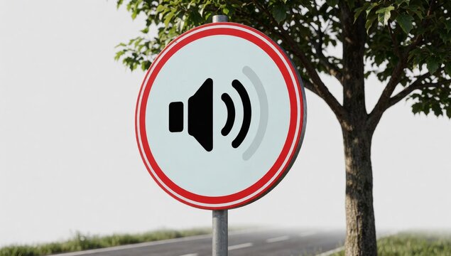 Close-up red white circular sign black speaker icon center attached metal pole located side road background bl