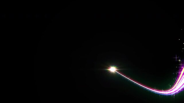 虹色に輝く光、光の線、奥へと進む光、きらめく粒子