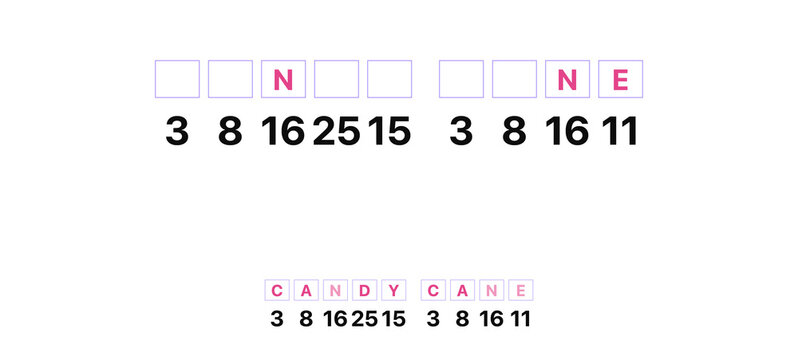 Candy cane cryptogram puzzle game, pink and purple design, Christmas word puzzle with numbers and letters, white background with copy space