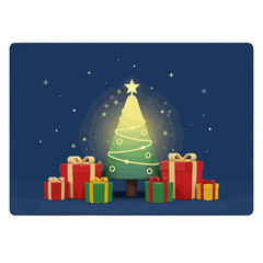 Fototapeta premium A glowing evergreen tree surrounded by colorful gift boxes on a dark blue background