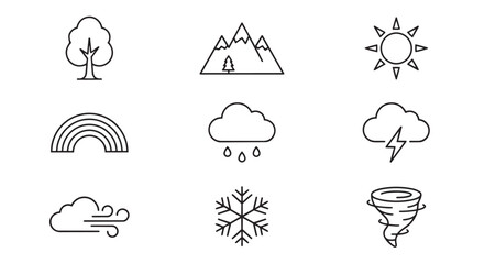 Obraz premium Weather phenomena and natural element line icons collection with meteorology environment forecast elements mountain