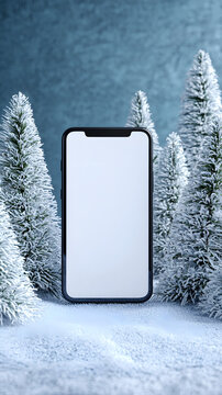 Blank-screen smartphone mockup displayed on fresh snow surrounded by decorated Christmas trees against a clean blue background, winter holiday advertising and seasonal branding concept