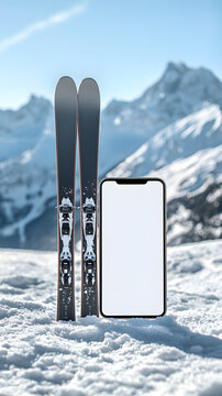A smartphone with a white screen mockup on a snowy floor next to skis against a backdrop of snow-capped mountains and a clear sky