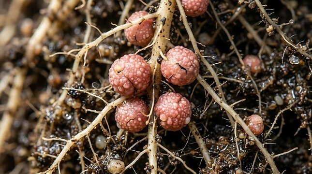Macro shot of pink nitrogen fixing nodules on plant roots