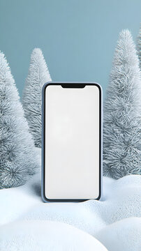 A smartphone with a white screen mockup on a snowy floor surrounded by Christmas trees on a blue background
