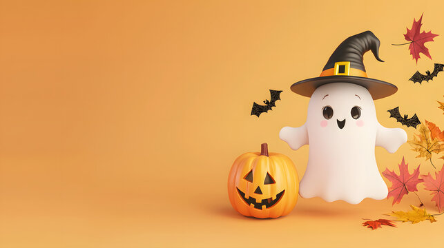 Cute ghost dressed in a classic witch hat surrounded by carved Halloween pumpkins and paper bats on a vibrant orange studio backdrop, whimsical spooky holiday illustration concept