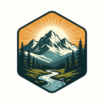 Retro hexagonal mountain landscape badge featuring a winding river, pine trees, and sunrise rays, vector illustration.