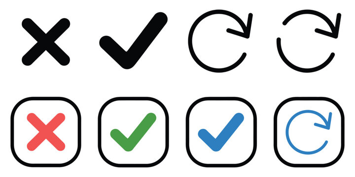 User interface icons with check mark, cross, and refresh arrows in modern styles for application navigation and digital interaction