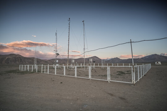 Electrical equipment in the Tien Shan Mountains of the Pamirs in Tajikistan, in the high-altitude village of Bulunkul against the backdrop of the mountains in the evening