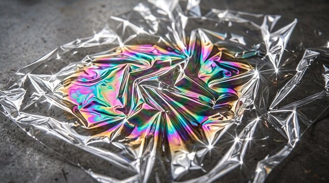 Shiny holographic silver foil texture with colorful light reflections and wrinkled surface