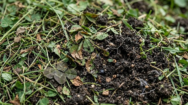 Fresh dark garden soil with green grass clippings and clover leaves