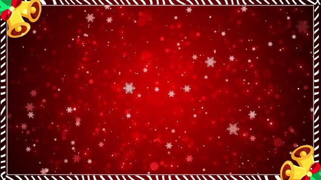 Red Christmas frame background golden bells, snow flakes, candy border, bokeh lights, festive holiday mood. greeting , winter cards, family wishes, holiday intros, event titles, seasonal overlays.