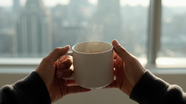 Person holding warm white coffee cup indoors. Silhouette enjoying hot beverage by bright window view.