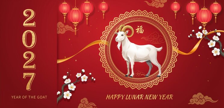 Chinese new year 2027 banner, year of the goat zodiac sign, lunar new year greeting with lanterns